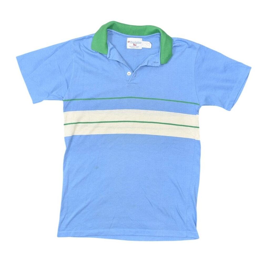 Manhattan High & Dry VTG Single Stiched Men's S Blue Polo Shirt Polyester Stain